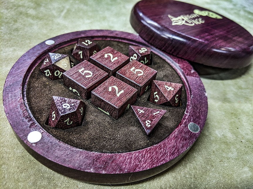 Purple Heart w Brimstone Inlay in Purple Heart Box 2 Artisan Dice