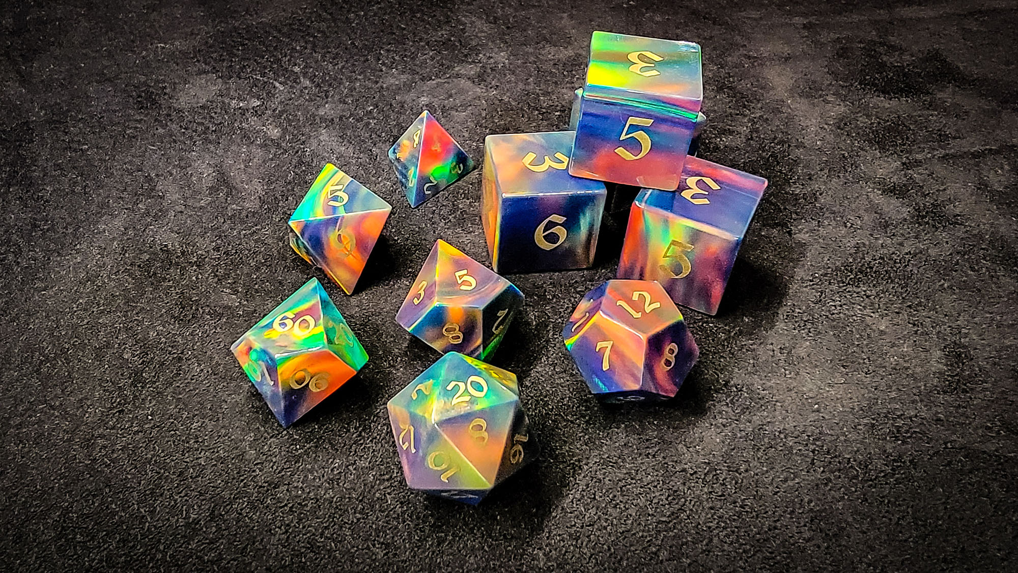 Harlequin Opal Polyhedral Dice Banner