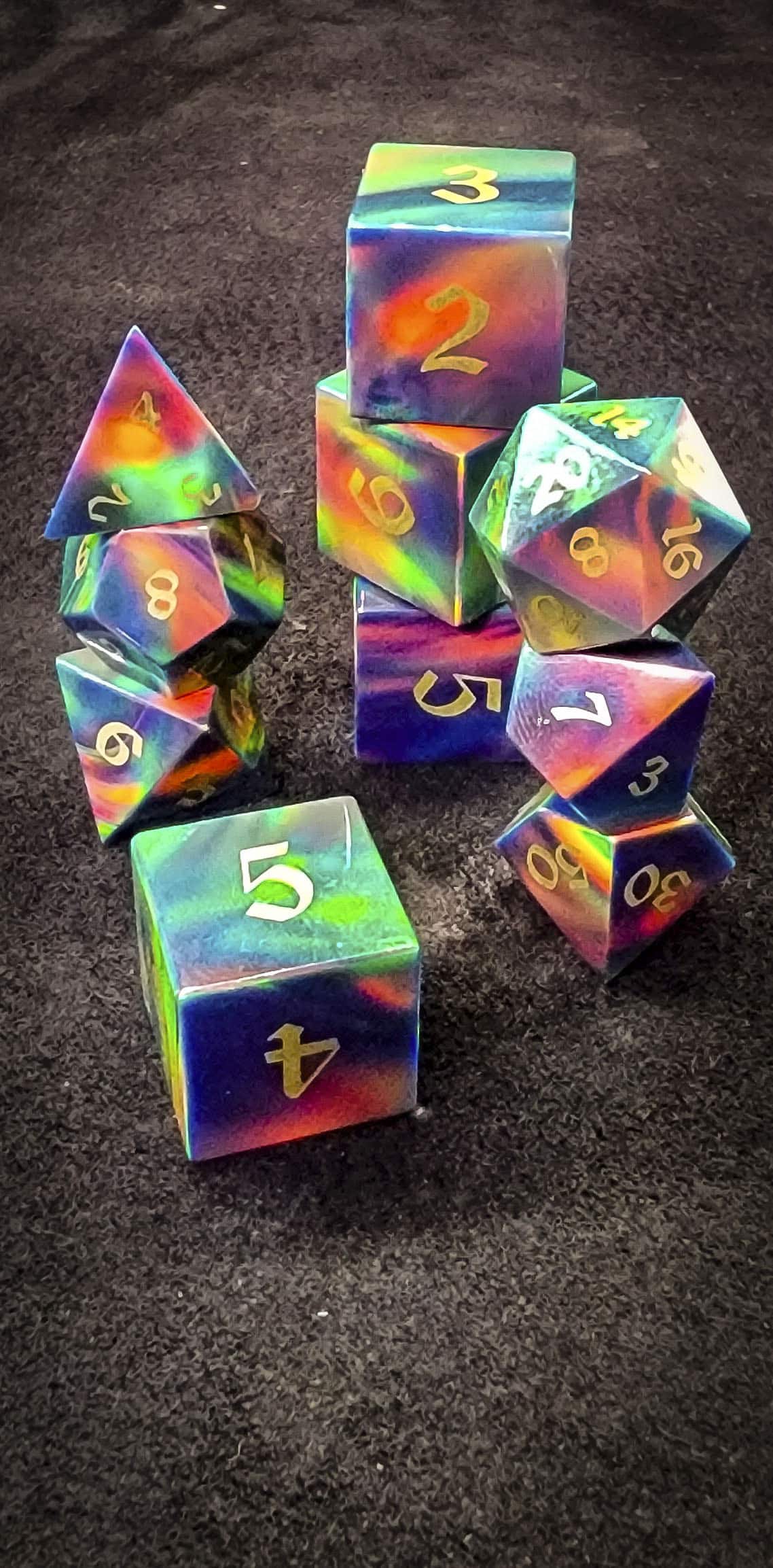 Harlequin Opal Polyhedral Dice Verticle